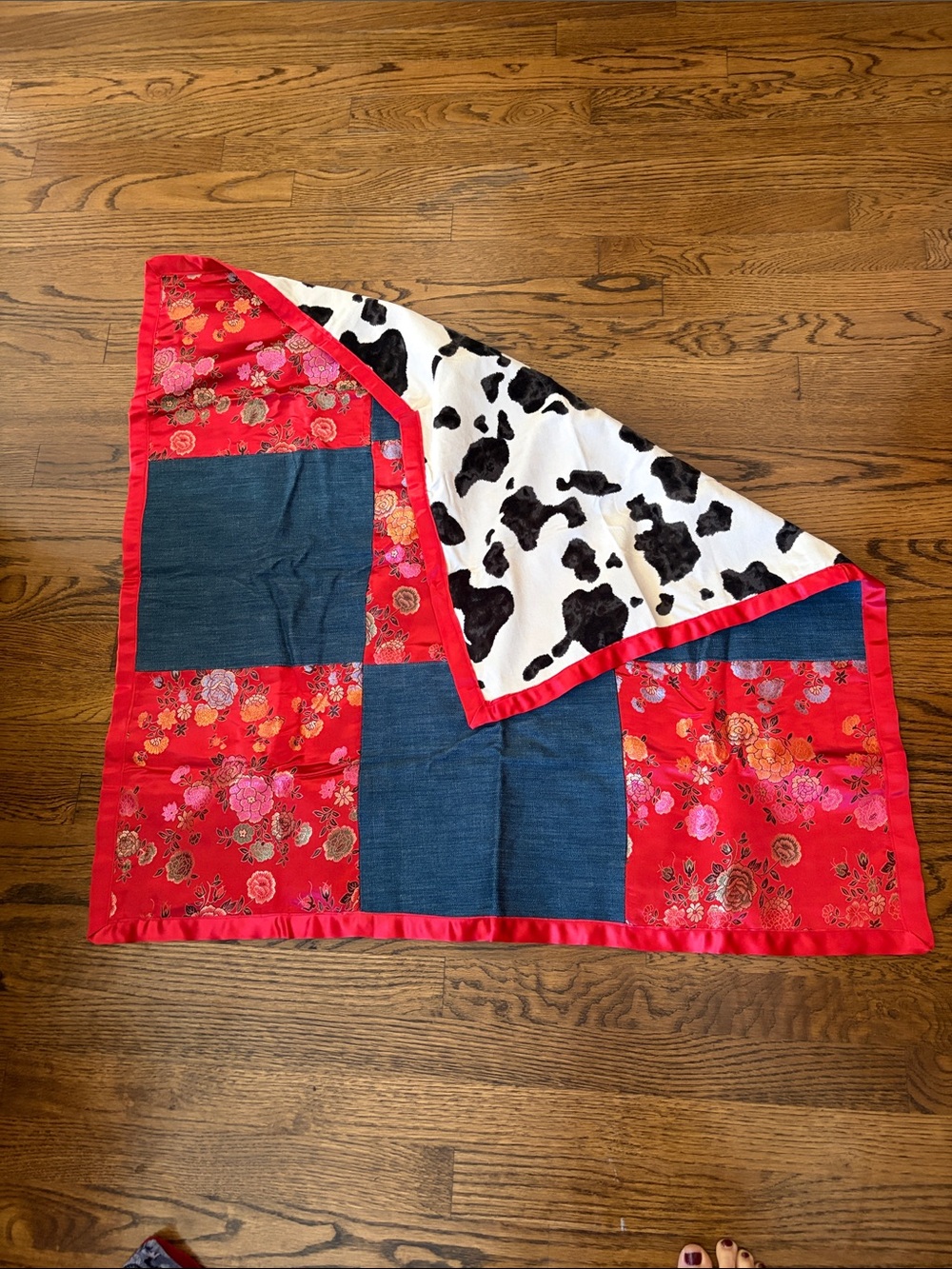 Reversible Floral Patchwork Baby Quilt - Red, Blue, Black & White